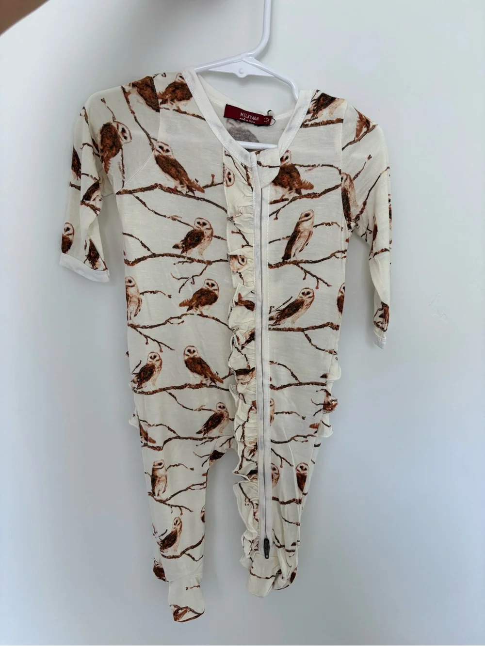 Milkbarn Cream Footed One-Piece with Brown Owl Print